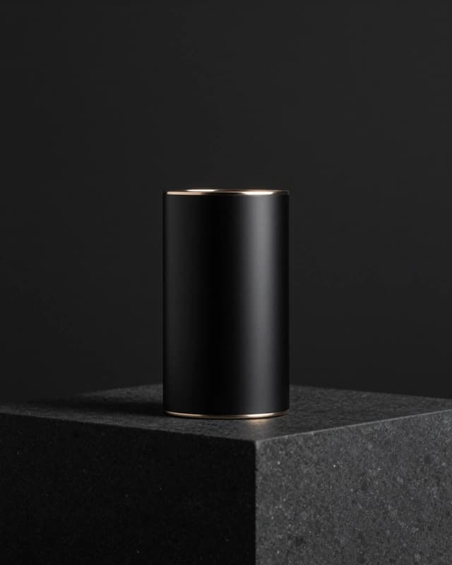 Product campaign concept: a matte-black cylindrical object with slim champagne-gold accents on a dark stone plinth.