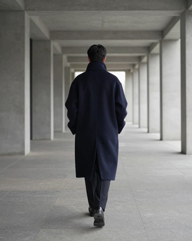Editorial campaign concept: a non-identifiable adult in a dark wool coat walking away through a minimal concrete colonnade in cool daylight.